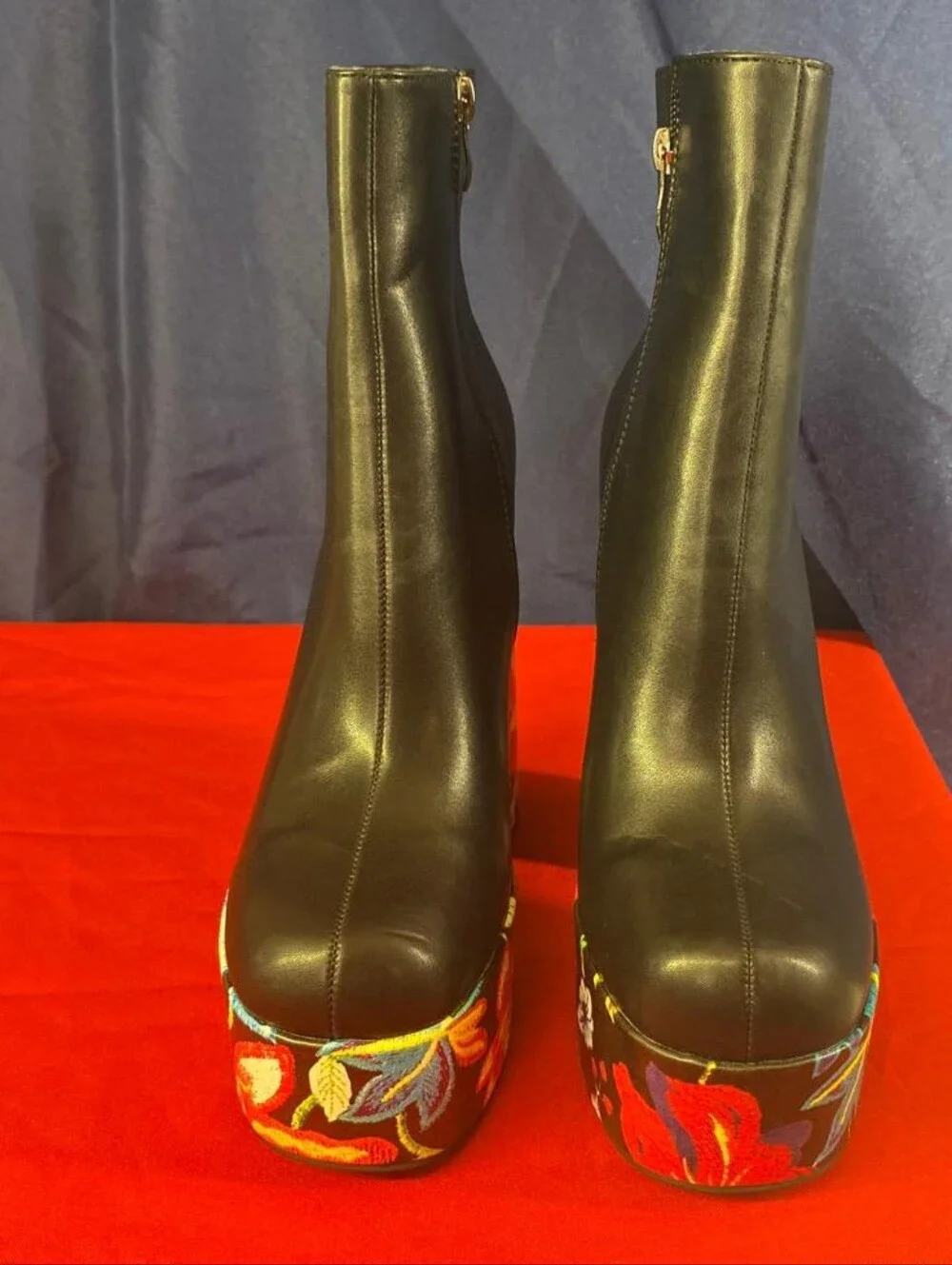 Floral Embroidered Platform Ankle Boots Black Chunky Block Heel Size 37Option